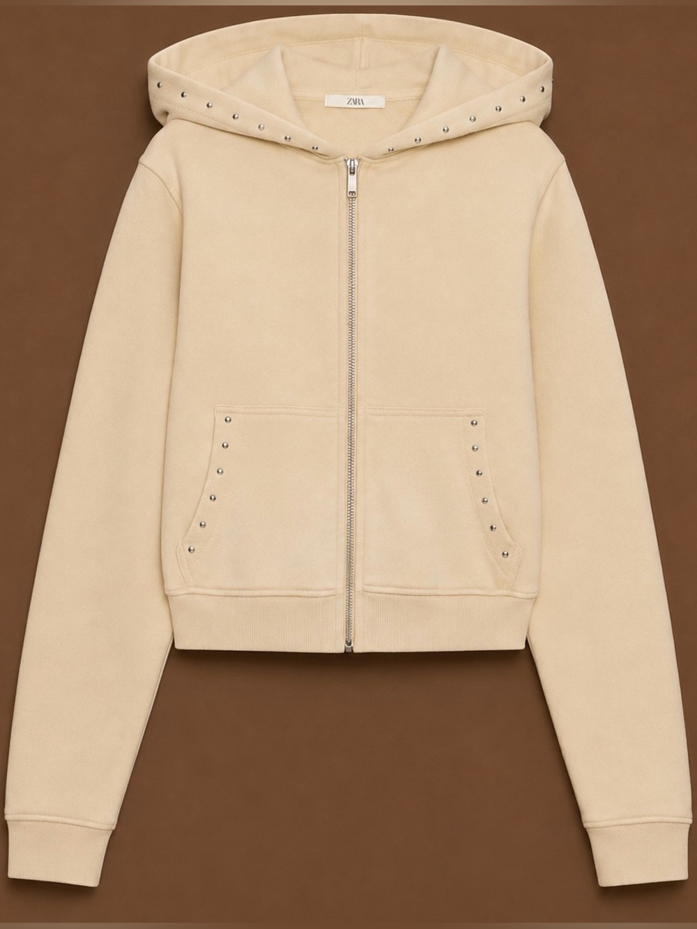 ZARA 100% Cotton Studded Hoodie Sweatshirt with zipper | Light Yellow